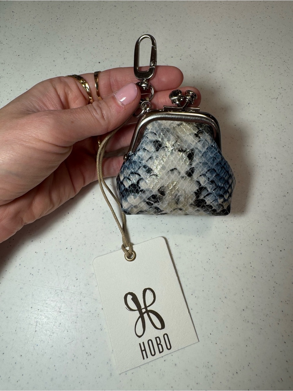 HOBO Python-Print Kiss-Lock Coin Purse in Blue and Cream